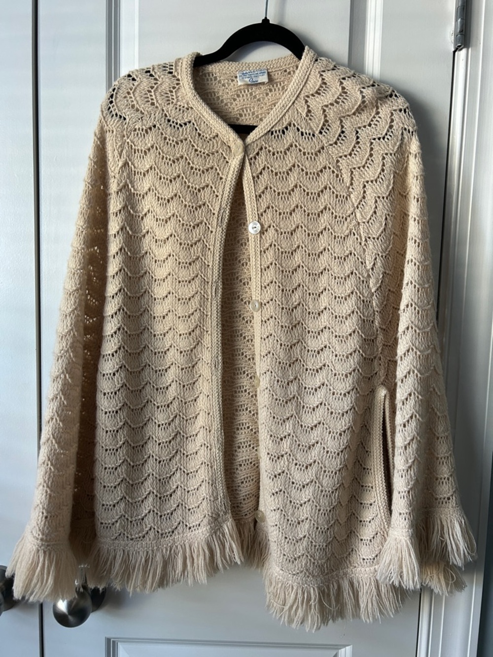 Vintage 70s Sears Open-Knit Fringe Button Up Poncho Boho Cardigan Sweater